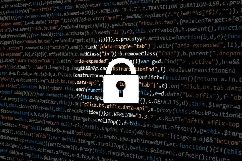 A digital padlock icon with a keyhole overlays a dark background filled with colorful lines of programming code.