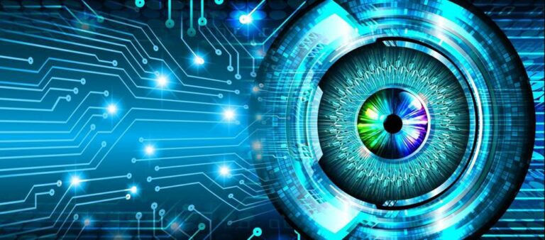 A digital illustration of a green eye integrated with blue circuit board patterns symbolizing technology and artificial intelligence.