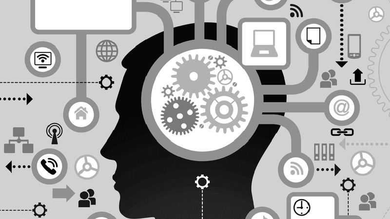 Illustration of a human head with gears inside representing thinking and interconnected technology icons around.