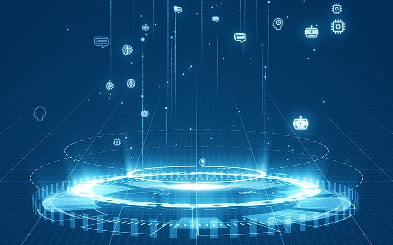Futuristic digital interface with glowing circular holograms and floating data points in blue tones.