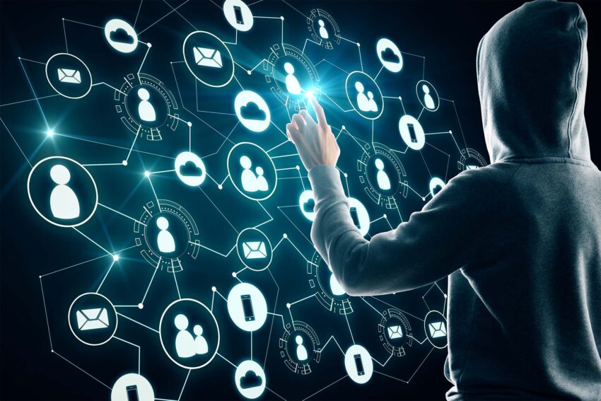 A person interacting with a digital network interface displaying connected user icons and data symbols.