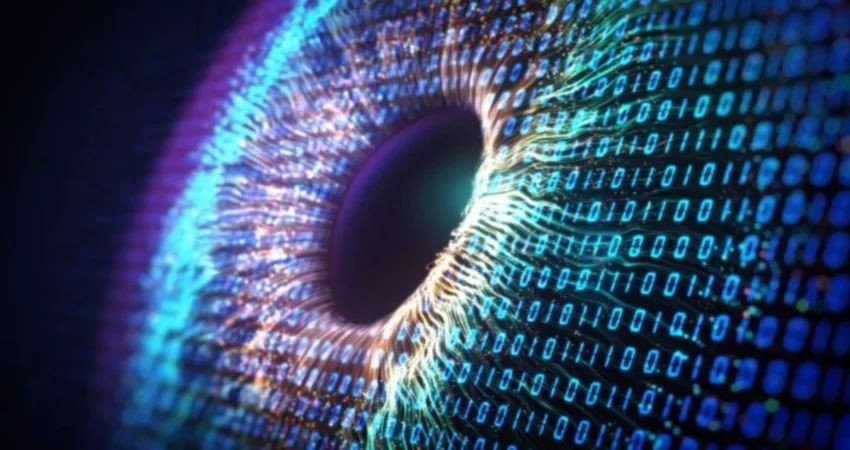 Close-up digital art of a human eye with binary code (0s and 1s) integrated into the iris and surrounding area.