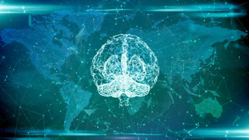 Digital illustration of a human brain with neural connections, set against a futuristic blue background with data and network patterns.
