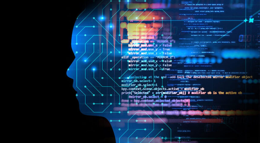 Digital silhouette of a human head filled with colorful code and circuit patterns representing technology and AI.