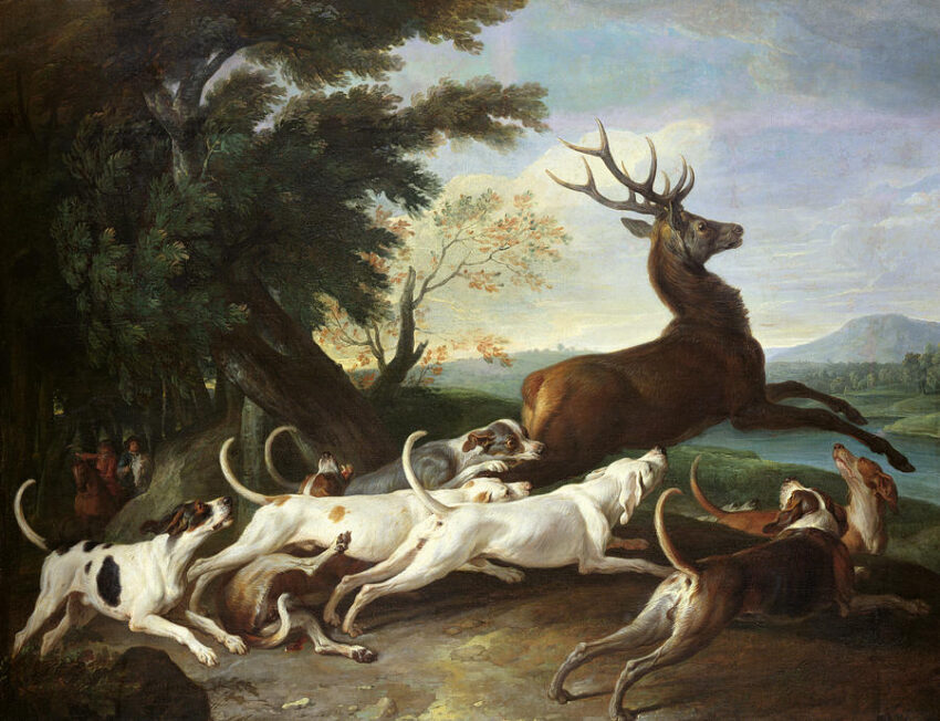 A classic painting depicting a stag surrounded by hunting dogs in a forest setting.