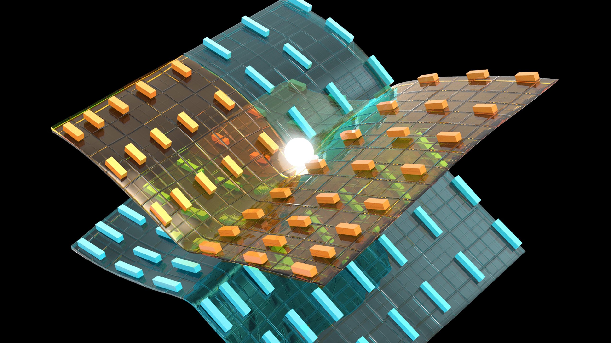 Close-up of a flexible electronic circuit board with glowing components.