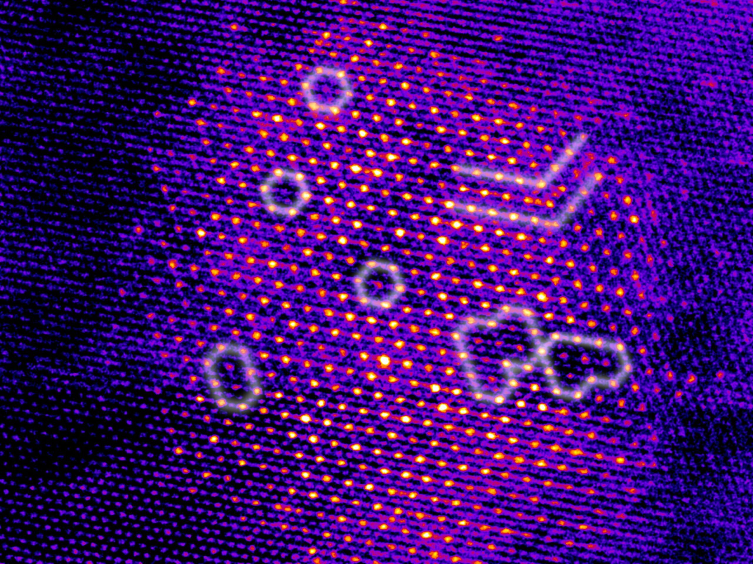 Abstract digital art featuring glowing geometric shapes and vibrant purple dots.